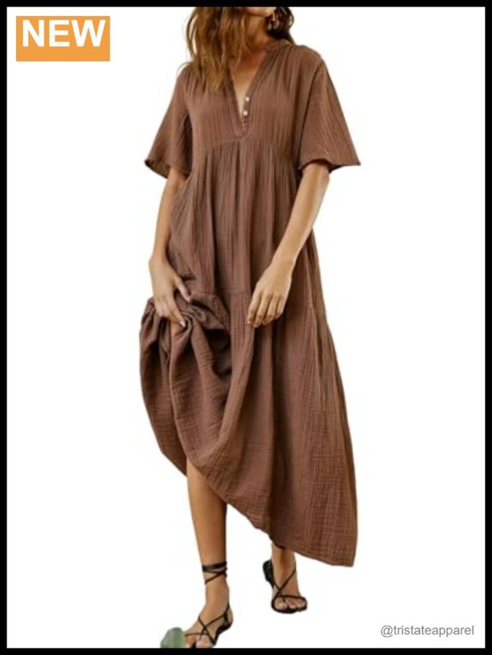 Cotton Maxi Dress Short Sleeve V Neck Tiered Ruffle Flowy Beach Vacation